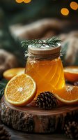 Glass jar of golden honey with fresh orange slices, pine cone and evergreen twig on rustic wooden slice, warm bokeh lights in background for winter holidays.