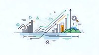 Business growth analytics dashboard with colorful charts, graphs and upward trending arrows showing financial progress and data visualization.
