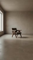 Minimalist interior with mid-century modern wooden armchair featuring black upholstery in empty room with concrete floor and neutral walls, suitable for interior design and furniture showcase.