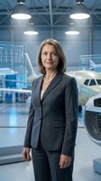 Middle-aged Caucasian female executive in dark business suit standing confidently in modern aircraft hangar with planes and digital displays, representing aviation industry leadership and corporate professionalism.