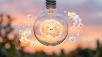 Glowing lightbulb with smiling sun character inside, surrounded by floating stars and sparkles against blurred sunset sky background. Concept for renewable energy, positivity, and sustainable power solutions.
