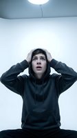 Stressed young man in hoodie holding head with hands looking up anxiously under bright light expressing mental health struggles and overwhelming pressure.
