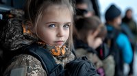 Young girl with serious expression wearing winter coat and scarf, looking directly at camera while other children stand in background, moody atmospheric portrait.