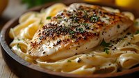 Seasoned chicken breast with black pepper and herbs served on creamy fettuccine pasta in white sauce, close up view of gourmet dinner plate.