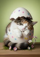 Tabby and white cat nestled inside cracked Easter egg shell with colorful polka dots, surrounded by spring flowers and grass on wooden surface against soft green background.