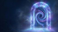 Glowing neon portal with swirling spiral vortex energy, illuminated archway with blue and purple light effects for sci-fi backgrounds and digital design projects.