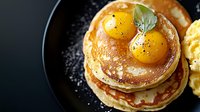 Fluffy pancakes topped with sunny side up eggs, garnished with fresh basil leaves and black pepper on dark plate, morning breakfast close up view.