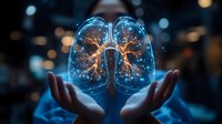 Glowing holographic lungs floating between hands against dark background with bokeh lights, depicting medical technology and respiratory health visualization.