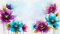 Watercolor floral border with purple and turquoise blooms dripping paint effects on light background for spring designs and feminine projects.