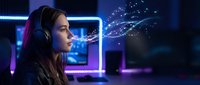 Young woman gamer with headphones playing video games in neon-lit gaming setup with purple and blue lighting effects streaming from screen.