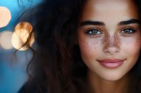 Young woman with natural freckles and striking blue eyes smiling warmly against blurred bokeh lights background, dark curly hair frames her glowing face.