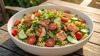 Fresh pasta salad with smoked salmon, cherry tomatoes, cucumber and herbs in white bowl on wooden table for summer dining and healthy meal preparation.