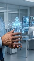 Doctor holding glowing digital human hologram with neural network connections in modern medical laboratory, representing healthcare technology and innovation.