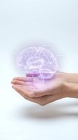 Human hands holding glowing purple brain hologram with neural network connections for medical technology and artificial intelligence concepts.