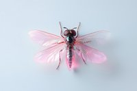 Pink winged insect with translucent wings and metallic body isolated on light blue background, useful for nature studies and entomology projects.