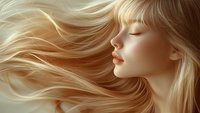 Young woman with flowing blonde hair in profile view against neutral background, eyes closed with serene expression, soft lighting creates ethereal mood.