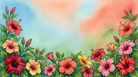 Watercolor hibiscus flowers border with vibrant red, pink, and yellow blooms on a soft pastel sky background, perfect for cards and banners.
