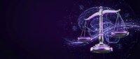 Digital justice scales with glowing network connections on dark purple background for legal technology and law firm presentations.