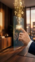 Businessman hand touching FAQ button on transparent digital interface with floating question marks in modern office environment for customer support.