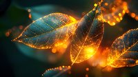 Delicate skeleton leaves with golden light and bokeh effects create magical autumn atmosphere. Natural macro photography with warm glowing highlights and dark background.