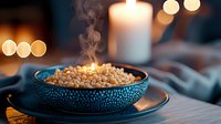 Aromatic frankincense resin burning in decorative ceramic bowl with smoke trails and glowing flame, creating mystical atmosphere against blurred candlelight background.