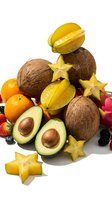 Assorted tropical fruits including coconuts, star fruit, avocado, oranges and berries isolated on white background for healthy eating and nutrition concepts.