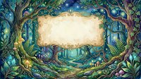 Enchanted forest frame with glowing trees, magical creatures, and starry night sky surrounding ornate blank banner space for text overlay, suitable for fantasy book covers and game design.