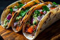 Mexican street tacos with grilled meat, fresh cilantro, diced onions, tomatoes and guacamole served on rustic wooden board. Close up view of authentic cuisine.
