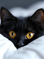 Close-up portrait of black cat with bright golden eyes peeking through white bedding, creating mysterious and enchanting mood for pet photography and animal art.