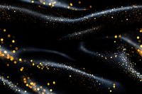 Magical starry waves with glowing golden bokeh lights and silver sparkles flowing on black background, creating ethereal cosmic pattern for festive designs.