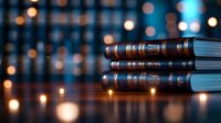 Stack of vintage leather-bound books against blurred bokeh lights background creating magical atmosphere for reading and literature concepts.