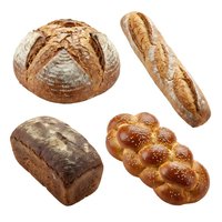 Assorted artisan breads including round boule, baguette, loaf and braided roll isolated on white background, ready for bakery, food, culinary and restaurant design use.
