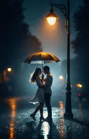 Romantic couple embracing under umbrella in rain at night under glowing street lamp on wet pavement creating intimate atmospheric scene for love concepts.