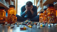 Person in despair surrounded by prescription medication bottles and scattered pills on dark surface, dramatic lighting emphasizes crisis and addiction concept.