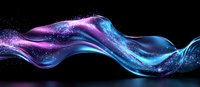 Luminous flowing wave in blue and purple colors with glowing particles and sparkles on black background, abstract dynamic motion design element.