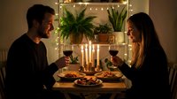 Young couple enjoying romantic dinner date with wine and candles in cozy home setting with plants and warm lighting for intimate evening celebration.