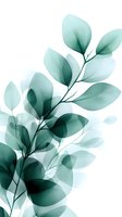 Translucent mint green leaves create ethereal botanical composition on white background. Delicate branches with overlapping foliage form graceful arrangement.