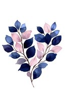 Watercolor botanical arrangement with navy blue and blush pink leaves forming heart shape on white background, elegant floral art suitable for wedding stationery.