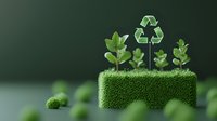 Green recycling symbol with growing plants on moss platform against dark background, environmental conservation concept for sustainability presentations.
