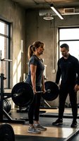 Athletic Caucasian woman performing deadlift exercise with barbell while male trainer provides guidance in modern industrial gym with concrete walls.