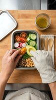 Two people assembling a healthy lunch bowl with fresh vegetables, chickpeas, and avocado on a wooden surface with olive oil dressing and wooden utensils.