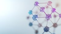 Molecular structure with connected spheres in soft purple, pink and blue colors on light background, scientific concept visualization for chemistry and biology.