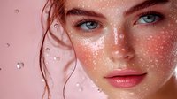 Young Caucasian woman with wet skin and water droplets on face after shower or skincare routine. Fresh clean beauty concept for spa and wellness.