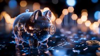 Glass piggy bank with coins on dark surface with warm bokeh lights background for financial savings and investment concepts.