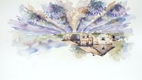 Watercolor landscape painting of mountain lake with wooden dock and boats in purple and beige tones on white background for artistic projects.