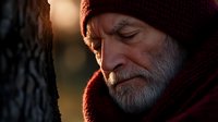 Senior Caucasian man with gray beard wearing red winter hat and scarf in dramatic sunset lighting, eyes closed with peaceful expression, side profile portrait.