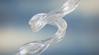 Transparent twisted glass ribbon flowing against soft blue gradient background, suitable for abstract design, web graphics, and modern visual content.