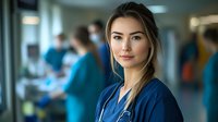 Young female medical professional in navy blue scrubs with stethoscope standing in hospital corridor, confident direct gaze, blurred medical staff in background.