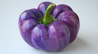 Fresh purple bell pepper with water drops and green stem on white background, isolated organic produce for healthy eating and cooking designs.