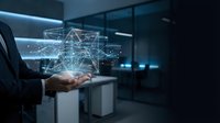 Businessman holding glowing digital network hologram with connected nodes and data visualization in modern office environment for technology and innovation concepts.